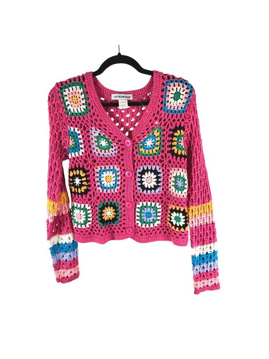 Cotton Emporium Sweaters - Cotton Emporium Womens Crochet Cardigan Sweater Granny Square Open Knit Pink S